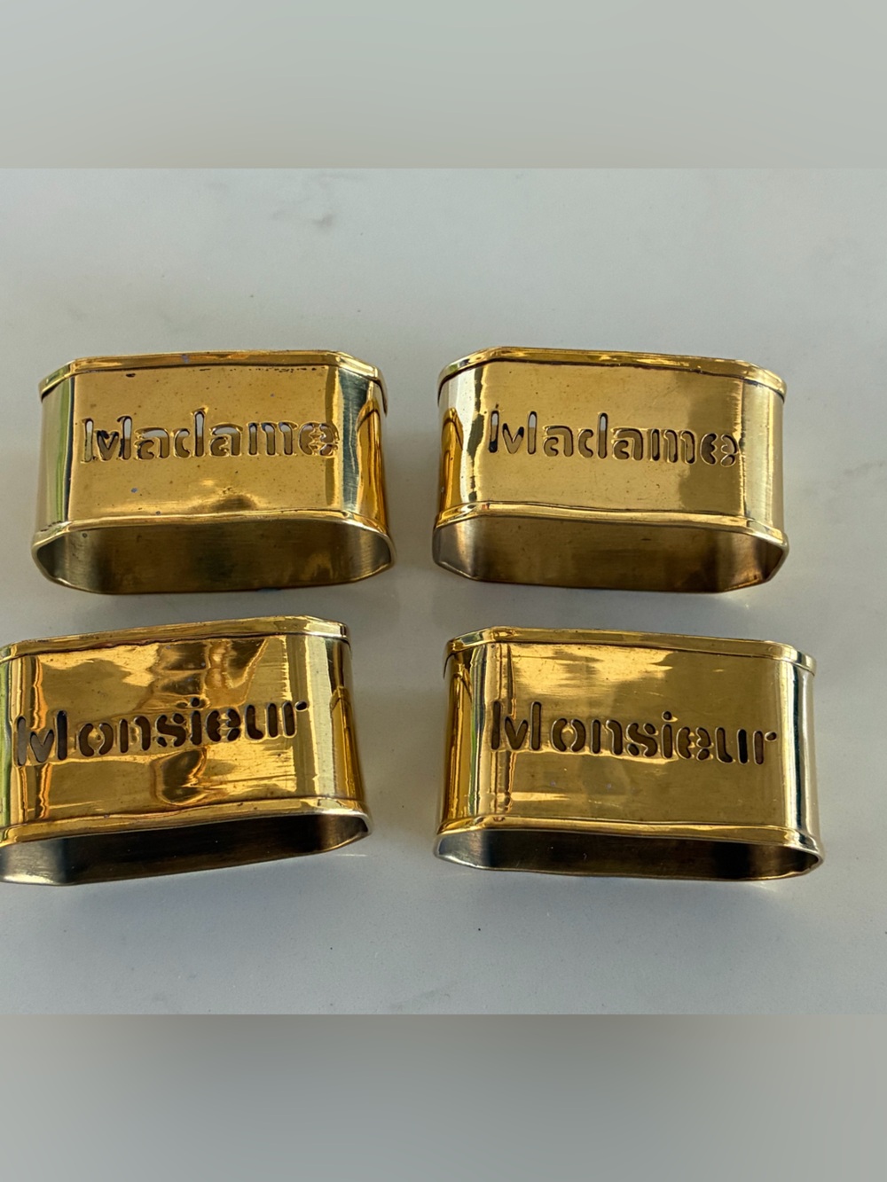 Brass 'Madame' and 'Monsieur' Napkin Rings - Set of 4